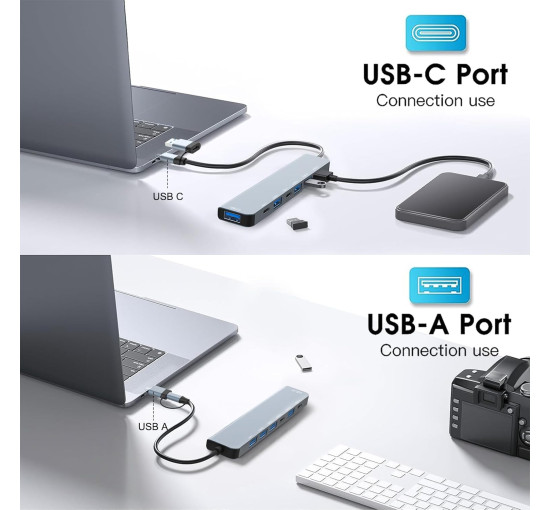 Многопортовый адаптер 7 в 2 с USB Hub 3.0, 2 портами USB-C и 4 портами USB 2.0 Loydia серый (my-15018)