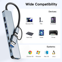 Многопортовый адаптер 7 в 2 с USB Hub 3.0, 2 портами USB-C и 4 портами USB 2.0 Loydia серый (my-15018)