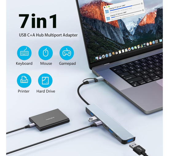 Многопортовый адаптер 7 в 2 с USB Hub 3.0, 2 портами USB-C и 4 портами USB 2.0 Loydia серый (my-15018)