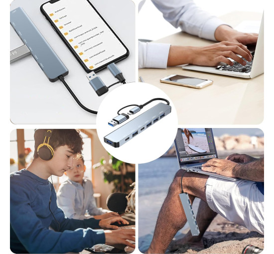 Многопортовый адаптер 7 в 2 с USB Hub 3.0, 2 портами USB-C и 4 портами USB 2.0 Loydia серый (my-15018)