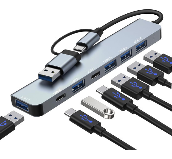 Многопортовый адаптер 7 в 2 с USB Hub 3.0, 2 портами USB-C и 4 портами USB 2.0 Loydia серый (my-15018)