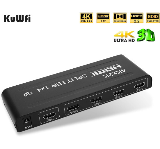 4K 3D HDMI-спліттер, 1 вхід, 4 виходи HDMI-перемикач-спліттер KuWFi HXF-HDMI04, сумісність із PS4, DLP, Xbox, DVD-плеєром, Blu-ray HDTV (my-12097)