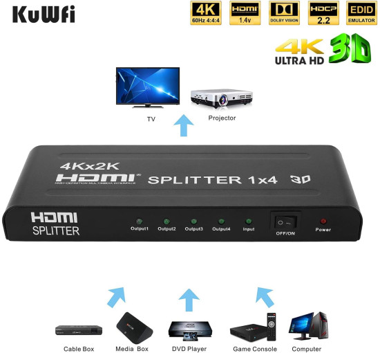 4K 3D HDMI-спліттер, 1 вхід, 4 виходи HDMI-перемикач-спліттер KuWFi HXF-HDMI04, сумісність із PS4, DLP, Xbox, DVD-плеєром, Blu-ray HDTV (my-12097)