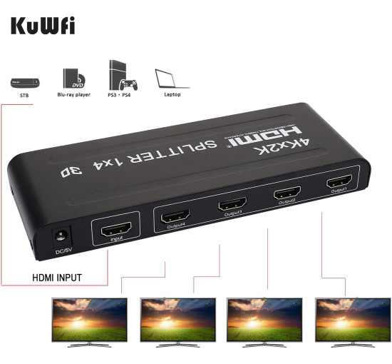 4K 3D HDMI-спліттер, 1 вхід, 4 виходи HDMI-перемикач-спліттер KuWFi HXF-HDMI04, сумісність із PS4, DLP, Xbox, DVD-плеєром, Blu-ray HDTV (my-12097)