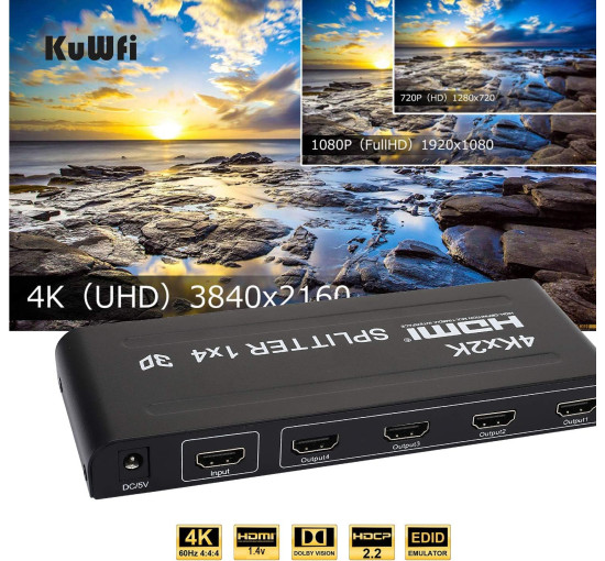 4K 3D HDMI-спліттер, 1 вхід, 4 виходи HDMI-перемикач-спліттер KuWFi HXF-HDMI04, сумісність із PS4, DLP, Xbox, DVD-плеєром, Blu-ray HDTV (my-12097)