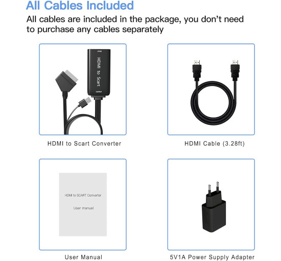 Адаптер HDMI Scart з кабелями HDMI та Scart, підтримка стереозвуку та відео NTSC/PAL TLsiwio (my-12108)