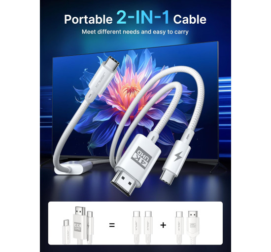 Кабель 2-в-1 Type C - HDMI 4K с портом зарядки PD 100 Вт JSAUX CV0057, совместим с Thunderbolt 3, iPhone, MacBook, Samsung, iMac, iPad, Surface-White (my-15022)