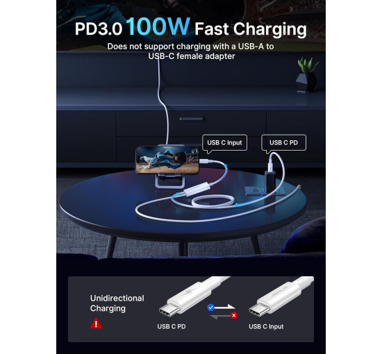 Кабель 2-в-1 Type C - HDMI 4K с портом зарядки PD 100 Вт JSAUX CV0057, совместим с Thunderbolt 3, iPhone, MacBook, Samsung, iMac, iPad, Surface-White (my-15022)