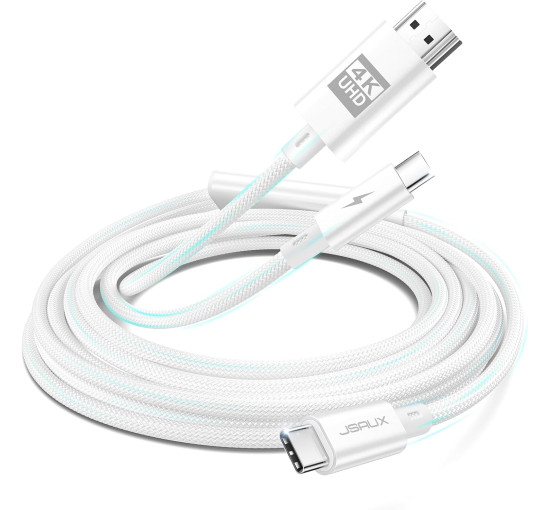 Кабель 2-в-1 Type C - HDMI 4K с портом зарядки PD 100 Вт JSAUX CV0057, совместим с Thunderbolt 3, iPhone, MacBook, Samsung, iMac, iPad, Surface-White (my-15022)