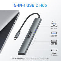 Концентратор Acer ODK4C0 5 в 1 USB C с 4K HDMI, портом зарядки мощностью PD 100 Вт, 3 портами данных USB A, многопортовый адаптер-хаб USB C - HDMI (my-15106)