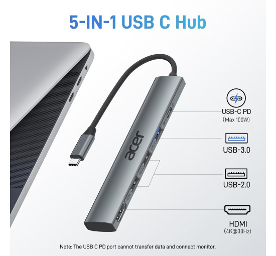 Концентратор Acer ODK4C0 5 в 1 USB C з 4K HDMI, портом зарядки потужністю PD 100 Вт, 3 портами даних USB A, багатопортовий адаптер-хаб USB C - HDMI (my-15106)