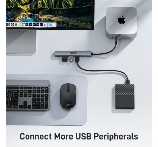 Концентратор Acer ODK4C0 5 в 1 USB C з 4K HDMI, портом зарядки потужністю PD 100 Вт, 3 портами даних USB A, багатопортовий адаптер-хаб USB C - HDMI (my-15106)