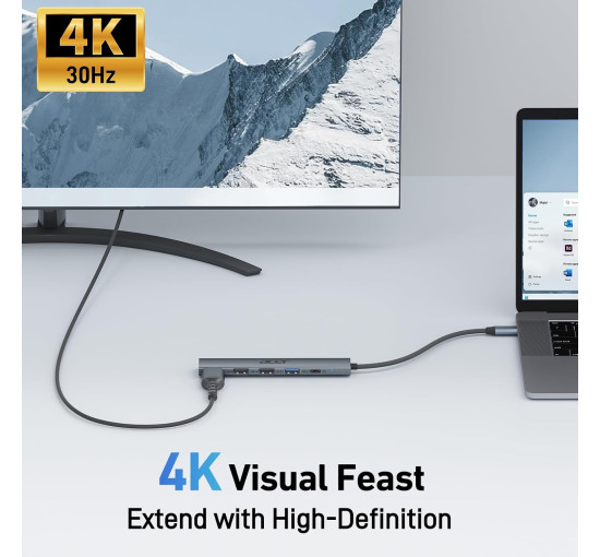 Концентратор Acer ODK4C0 5 в 1 USB C з 4K HDMI, портом зарядки потужністю PD 100 Вт, 3 портами даних USB A, багатопортовий адаптер-хаб USB C - HDMI (my-15106)