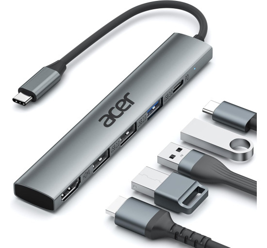 Концентратор Acer ODK4C0 5 в 1 USB C з 4K HDMI, портом зарядки потужністю PD 100 Вт, 3 портами даних USB A, багатопортовий адаптер-хаб USB C - HDMI (my-15106)