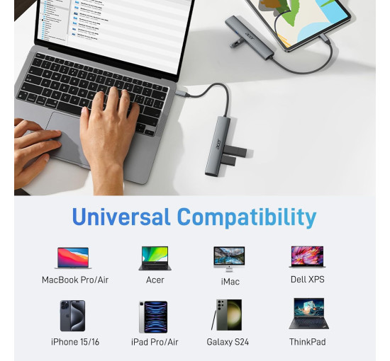 Концентратор Acer ODK4C0 5 в 1 USB C з 4K HDMI, портом зарядки потужністю PD 100 Вт, 3 портами даних USB A, багатопортовий адаптер-хаб USB C - HDMI (my-15106)