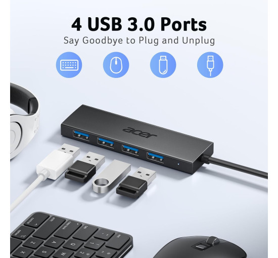Концентратор Acer USB C на 4 порти, багатопортовий концентратор-хаб USB 3.0 розгалужувач USB C для ноутбука з портом живлення Type C (my-15104)