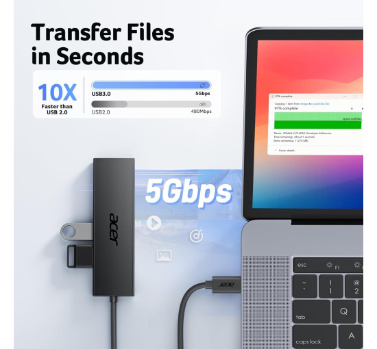 Концентратор Acer USB C на 4 порти, багатопортовий концентратор-хаб USB 3.0 розгалужувач USB C для ноутбука з портом живлення Type C (my-15104)