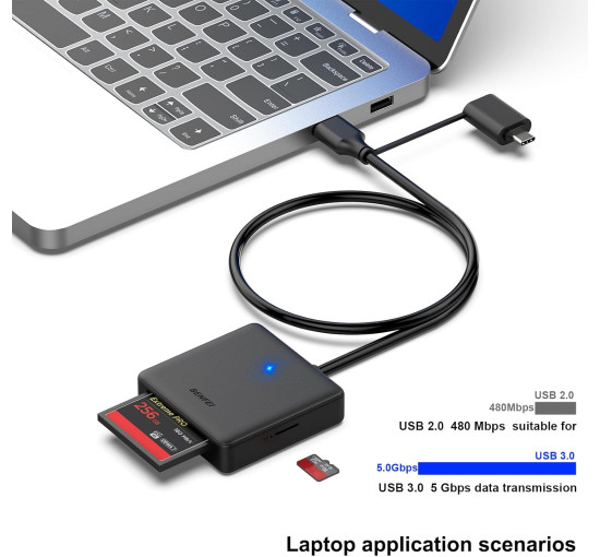 Устройство чтения карт памяти, адаптер BENFEI 4-в-1 USB 3.0 и USB-C для SD Micro SD MS CF, одновременное чтение и запись 4 карт (17002)