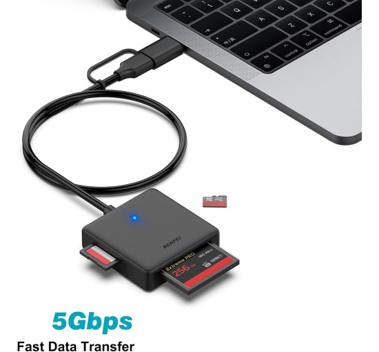 Устройство чтения карт памяти, адаптер BENFEI 4-в-1 USB 3.0 и USB-C для SD Micro SD MS CF, одновременное чтение и запись 4 карт (17002)