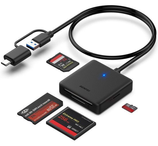 Устройство чтения карт памяти, адаптер BENFEI 4-в-1 USB 3.0 и USB-C для SD Micro SD MS CF, одновременное чтение и запись 4 карт (17002)