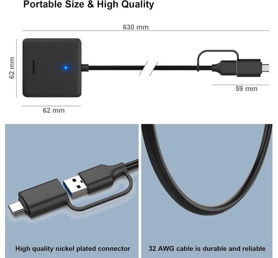 Устройство чтения карт памяти, адаптер BENFEI 4-в-1 USB 3.0 и USB-C для SD Micro SD MS CF, одновременное чтение и запись 4 карт (17002)