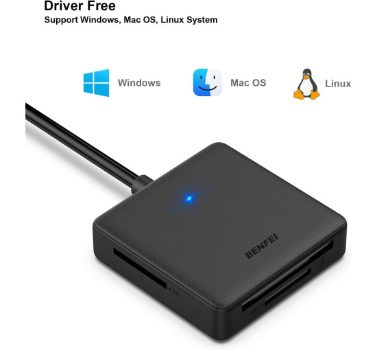 Устройство чтения карт памяти, адаптер BENFEI 4-в-1 USB 3.0 и USB-C для SD Micro SD MS CF, одновременное чтение и запись 4 карт (17002)