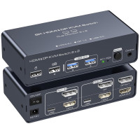 Коммутатор KVM переключатель с двумя портами для 2 компьютеров PVBCTCSID 8K USB 3.0 4K 144Hz HDMI + displayport kvm (my-0198)