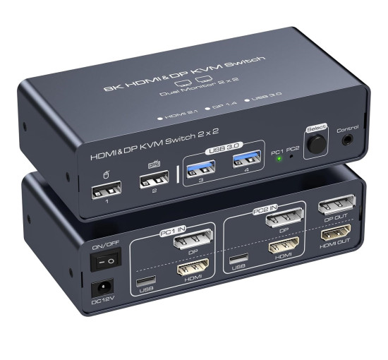 Комутатор KVM перемикач із двома портами для 2 комп'ютерів PVBCTCSID 8K USB 3.0 4K 144Hz HDMI + displayport kvm (my-0198)