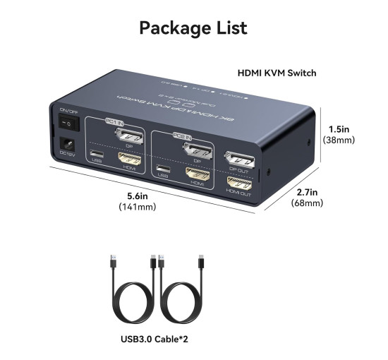 Комутатор KVM перемикач із двома портами для 2 комп'ютерів PVBCTCSID 8K USB 3.0 4K 144Hz HDMI + displayport kvm (my-0198)