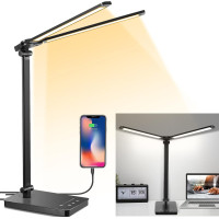 Світлодіодна настільна лампа BIAOQINBO із сенсорним керуванням, підвійною регульованою головкою та USB-портом для зарядки з 5 кольоровими режимами та регульованою яскравістю, чорний (my-038)