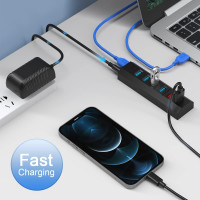 Черный интеллектуальный USB-хаб с функцией быстрой зарядки для ноутбуков Aiibe на 6 портов + адаптер питания 24 Вт + кабель USB 3.0 (my-15115)