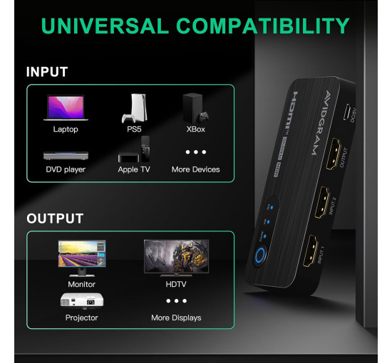 HDMI коммутатор 8K AVIDGRAM 2 в 1 выход, 2 порта 4K 120 Гц с автоматическим селектором HDMI, поддержка 8K при 60 Гц 48 Гбит/с (my-17007)