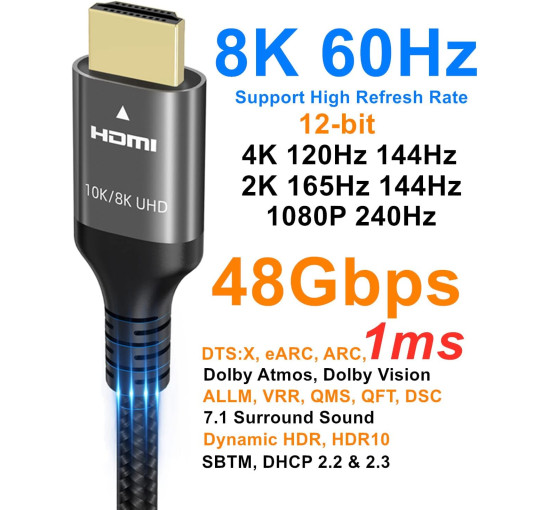 Кабель Ubluker 10K 8K 4K HDMI 2.1, 1 м, сверхскоростной HDMI-кабель, 4K при 120 Гц/144 Гц, 8K при 60 Гц, 48 Гбит/с, eARC HDR10+ HDCP 2.3 (my-17009)