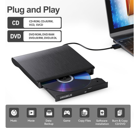 Внешний портативный CD/DVD-привод для ноутбука, ПК ORIGBELIE BT524-Black, USB 3.0 (my-12091)