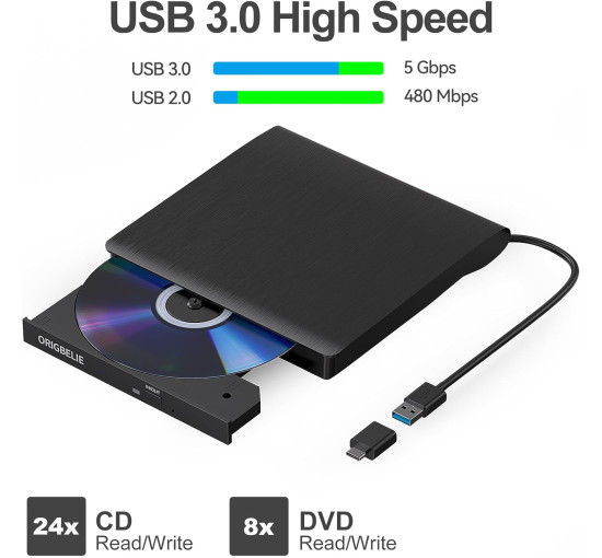 Внешний портативный CD/DVD-привод для ноутбука, ПК ORIGBELIE BT524-Black, USB 3.0 (my-12091)