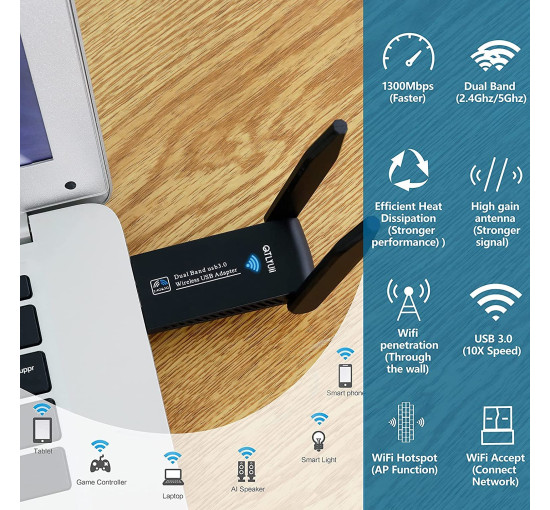 Двухдиапазонный USB Wi-Fi адаптер 2.4/5GHz 1300 Mbps Wireless Lan Card 11ac Black  (my-1094)