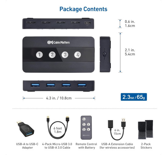 Комутатор Cable Matters HUB USB 3.0 4-портовий, USB-перемикач загального доступу для 4 комп'ютерів та USB-периферійних пристроїв (my-026)