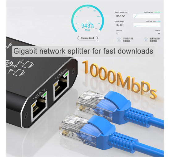 Гігабітний Ethernet-спліттер 1 на 2 - мережний розгалужувач з USB-кабелем живлення LIEZHUA чорний (my-17171)