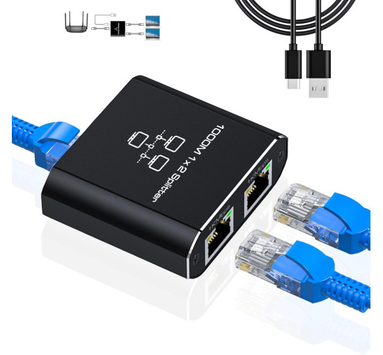 Гігабітний Ethernet-спліттер 1 на 2 - мережний розгалужувач з USB-кабелем живлення LIEZHUA чорний (my-17171)