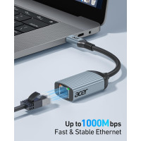 Адаптер Acer ODK440 USB Type-C - Etherne RJ45 без драйверов, алюминиевый сетевой адаптер 1 Гбит/с, серый (15111)
