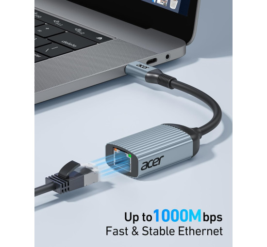 Адаптер Acer ODK440 USB Type-C - Etherne RJ45 без драйверів, алюмінієвий адаптер мережевий 1 Гбіт/с, сірий (15111)