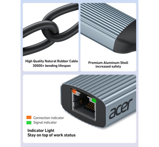 Адаптер Acer ODK440 USB Type-C - Etherne RJ45 без драйверів, алюмінієвий адаптер мережевий 1 Гбіт/с, сірий (15111)