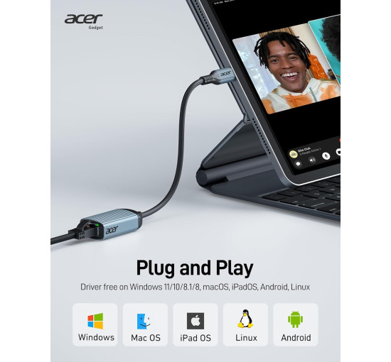 Адаптер Acer ODK440 USB Type-C - Etherne RJ45 без драйверів, алюмінієвий адаптер мережевий 1 Гбіт/с, сірий (15111)