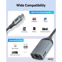 Адаптер Acer ODK440 USB Type-C - Etherne RJ45 без драйверов, алюминиевый сетевой адаптер 1 Гбит/с, серый (15111)