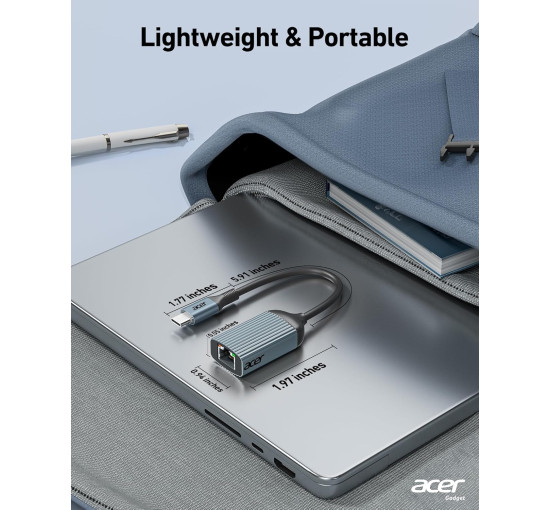 Адаптер Acer ODK440 USB Type-C - Etherne RJ45 без драйверів, алюмінієвий адаптер мережевий 1 Гбіт/с, сірий (15111)