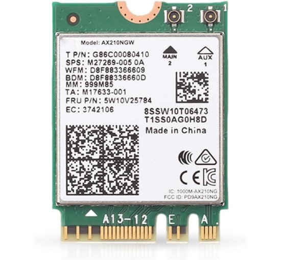 Адаптер WiFi 6E для Intel AX210 Тридіапазонний: 24/5/6 ГГц До 24 Гбіт/с Роз'єм M.2 Сумісність з Bluetooth 5.3 Працює з Intel AMD Модель AX210NGW без vPro (my-17209)