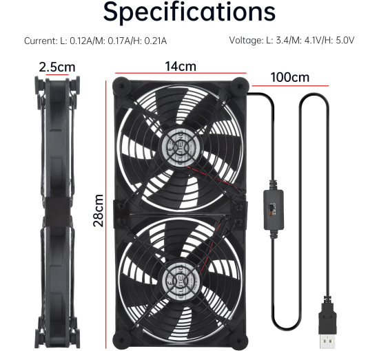 USB комп'ютерний вентилятор для охолодження ELUTENG Dual AC 140 мм 3 швидкості керування 12 В (my-14040)