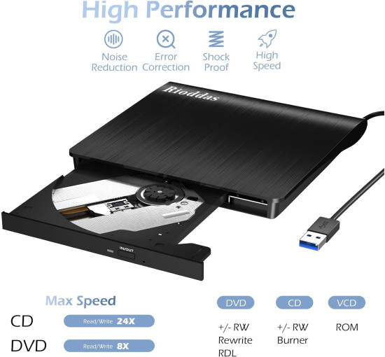Зовнішній портативний CD/DVD-привід Rioddas пристрій для ноутбука USB 3.0 (my-096)