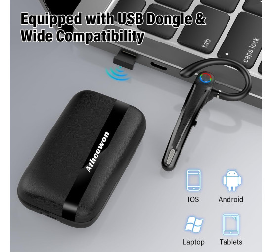 Bluetooth-гарнітура Atheewon U8 з функцією вимкнення звуку з USB-адаптером для підключення до комп'ютера чорний (my-17125)