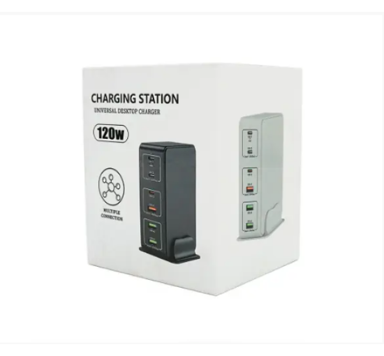 Зарядное устройство V-818H мощностью 120W, Output: 3USB+3Type-C, DC: 5V/3, 9V/3A, 12V/3A, 20V/3.25A, White CHARGING (my-3127)